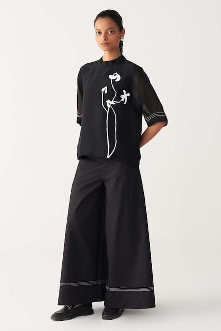 Three Poppy Print Organza Top & Black Pant Set