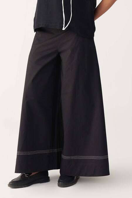 Buy_Three_Black Organza, Poplin Embroidery High Neck Poppy Print Top And Pant Set _Online_at_Aza_Fashions