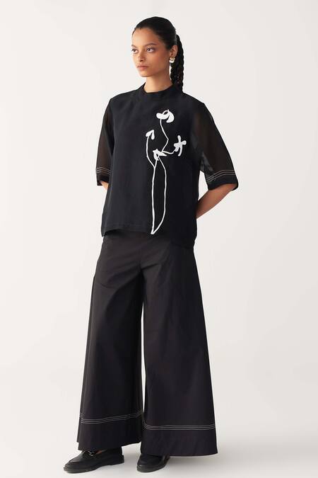 Shop_Three_Black Organza, Poplin Embroidery High Neck Poppy Print Top And Pant Set _Online_at_Aza_Fashions