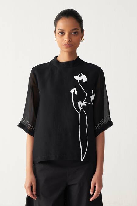 Three_Black Organza, Poplin Embroidery High Neck Poppy Print Top And Pant Set _at_Aza_Fashions