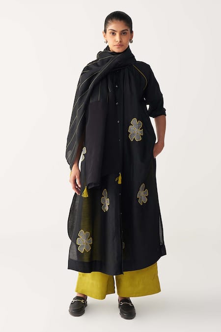 Three Black Chanderi, Silk, Organza Embroidery, Fringe Open Neck Floral Kurta Set 