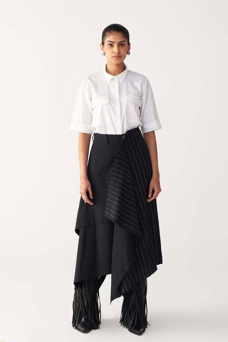 Buy_Three_White Poplin, Handloom Cotton Embroidery Collared Handkerchief Skirt Set _Online_at_Aza_Fashions
