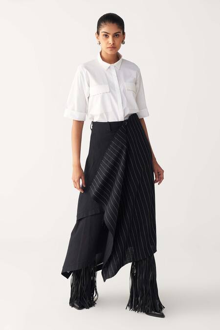 Shop_Three_White Poplin, Handloom Cotton Embroidery Collared Handkerchief Skirt Set _Online_at_Aza_Fashions