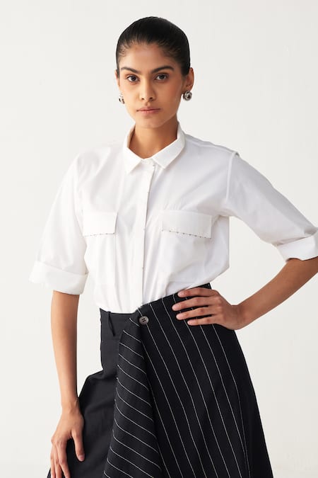 Buy_Three_White Poplin, Handloom Cotton Embroidery Collared Handkerchief Skirt Set 