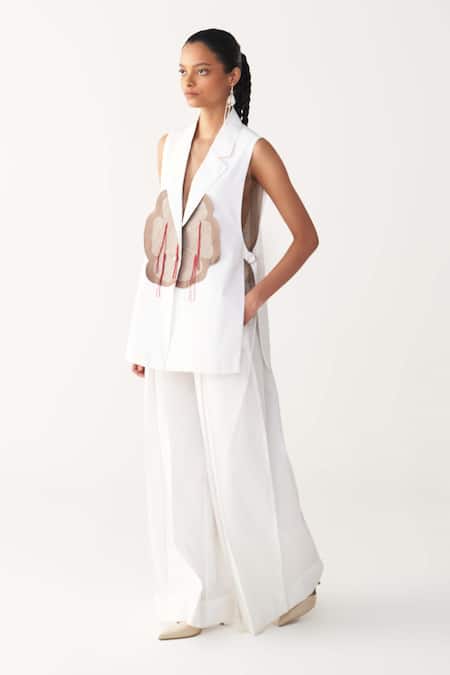 Three_White Poplin Applique Open Neck Floral Patch Fringe Waistcoat And Pant Set _Online_at_Aza_Fashions