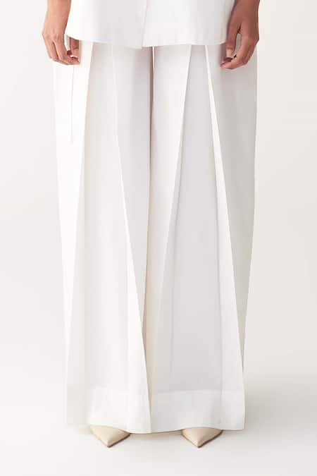 Buy_Three_White Poplin Applique Open Neck Floral Patch Fringe Waistcoat And Pant Set _Online_at_Aza_Fashions