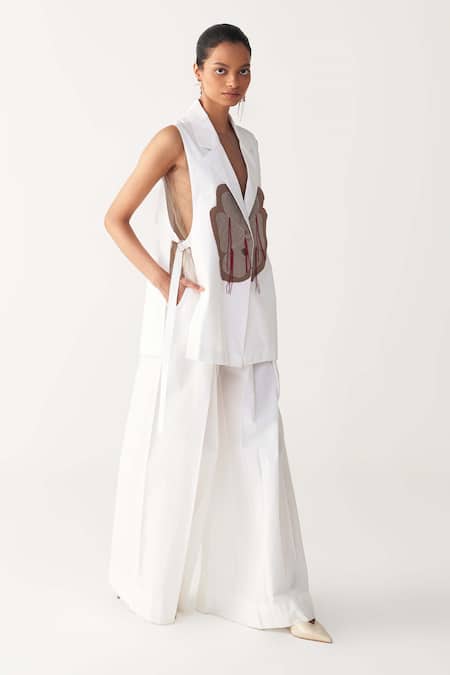 Shop_Three_White Poplin Applique Open Neck Floral Patch Fringe Waistcoat And Pant Set _Online_at_Aza_Fashions