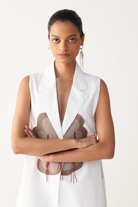 Three_White Poplin Applique Open Neck Floral Patch Fringe Waistcoat And Pant Set _at_Aza_Fashions