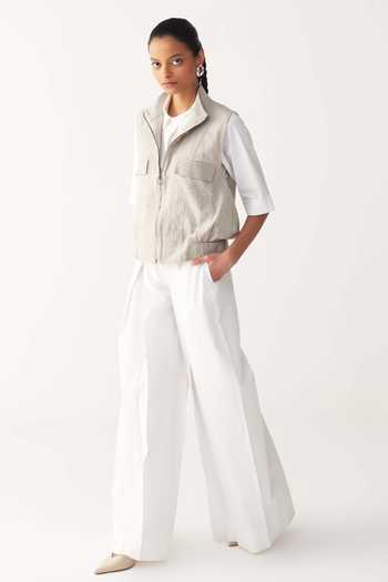 Three_Beige Handloom Cotton, Poplin Embroidery Collared Sleeveless Pocket Bomber Set _Online_at_Aza_Fashions