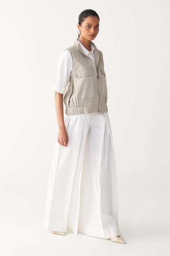 Buy_Three_Beige Handloom Cotton, Poplin Embroidery Collared Sleeveless Pocket Bomber Set _Online_at_Aza_Fashions
