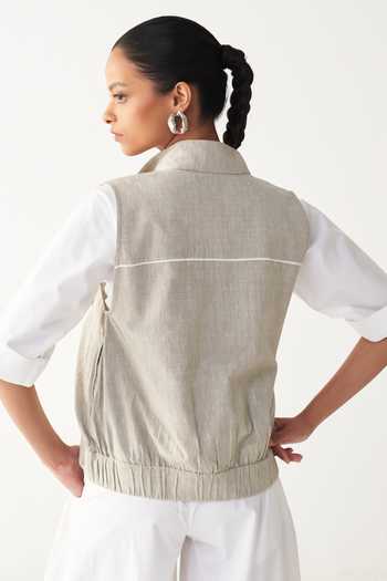 Three_Beige Handloom Cotton, Poplin Embroidery Collared Sleeveless Pocket Bomber Set _at_Aza_Fashions