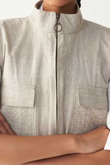 Buy_Three_Beige Handloom Cotton, Poplin Embroidery Collared Sleeveless Pocket Bomber Set 