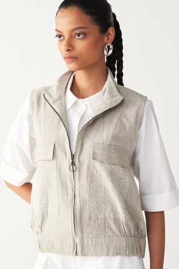 Shop_Three_Beige Handloom Cotton, Poplin Embroidery Collared Sleeveless Pocket Bomber Set 