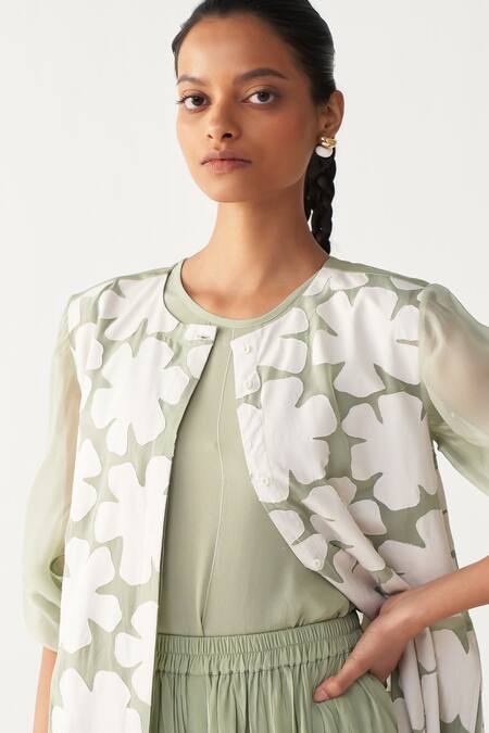Three_Mint Organza, Silk, Crepe Applique Round Neck Floral Back Yoke Jacket Co-ord Set _Online_at_Aza_Fashions
