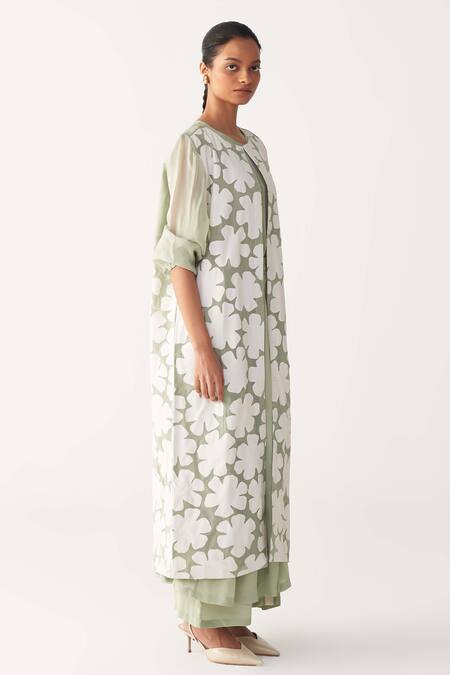 Buy_Three_Mint Organza, Silk, Crepe Applique Round Neck Floral Back Yoke Jacket Co-ord Set _Online_at_Aza_Fashions