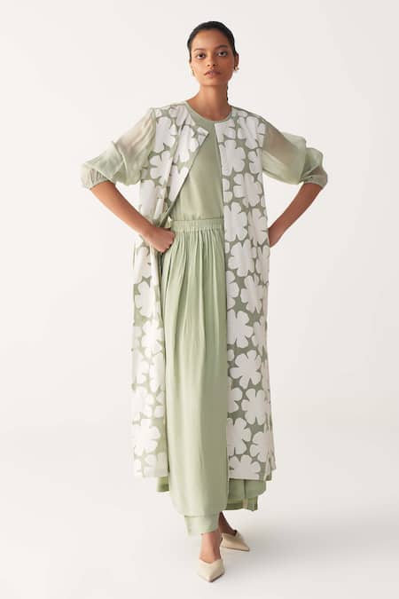 Shop_Three_Mint Organza, Silk, Crepe Applique Round Neck Floral Back Yoke Jacket Co-ord Set _Online_at_Aza_Fashions