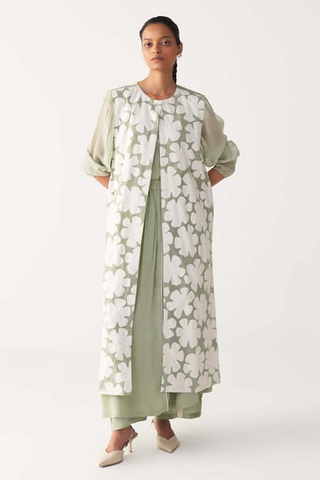 Three Mint Organza, Silk, Crepe Applique Round Neck Floral Back Yoke Jacket Co-ord Set