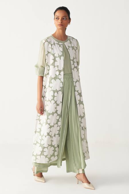 Three_Mint Organza, Silk, Crepe Applique Round Neck Floral Back Yoke Jacket Co-ord Set _at_Aza_Fashions