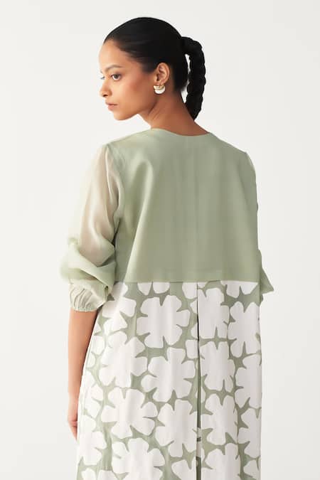 Buy_Three_Mint Organza, Silk, Crepe Applique Round Neck Floral Back Yoke Jacket Co-ord Set 