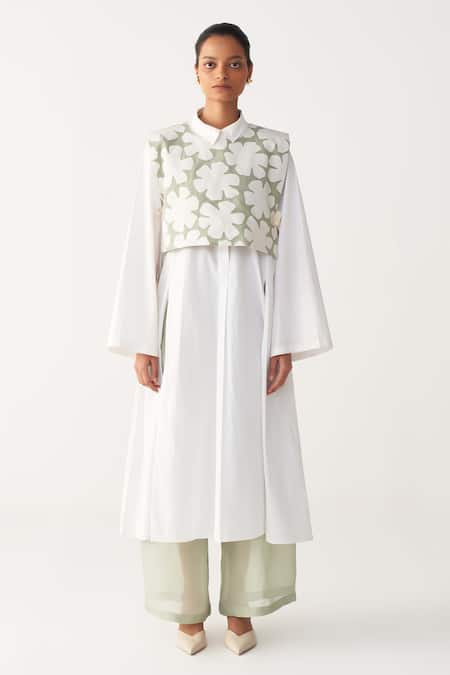 Three Mint Green Floral Overlay & White Shirt Set 