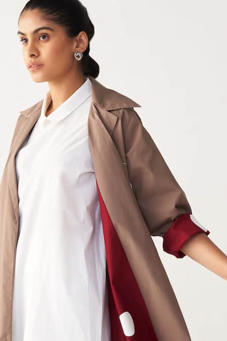 Three_Brown Poplin Applique Collared Floral Patch Jacket Co-ord Set _at_Aza_Fashions