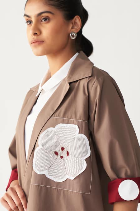 Buy_Three_Brown Poplin Applique Collared Floral Patch Jacket Co-ord Set 