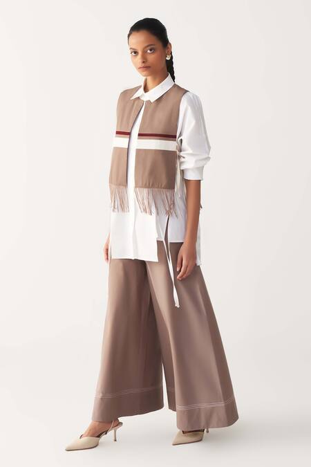 Three_Brown Poplin Fringe, Embroidery Collared Crop Overlay Co-ord Set _Online_at_Aza_Fashions