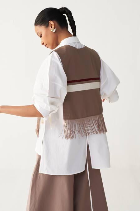 Shop_Three_Brown Poplin Fringe, Embroidery Collared Crop Overlay Co-ord Set _Online_at_Aza_Fashions