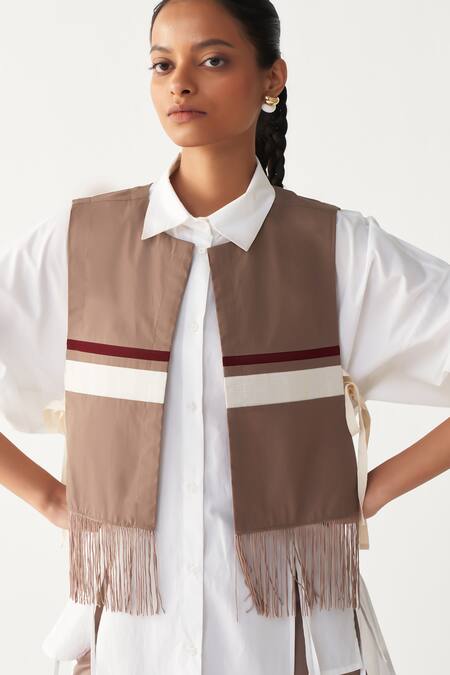 Three_Brown Poplin Fringe, Embroidery Collared Crop Overlay Co-ord Set _at_Aza_Fashions