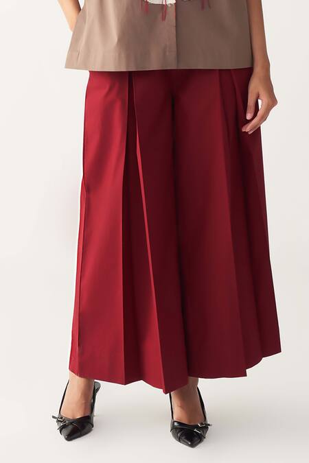 Buy_Three_Brown Poplin Embroidery Floral Patch Fringe Shirt And Inverted Box Pleat Pant _Online_at_Aza_Fashions