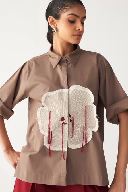 Three_Brown Poplin Embroidery Floral Patch Fringe Shirt And Inverted Box Pleat Pant _at_Aza_Fashions