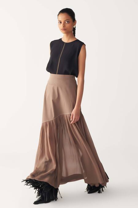 Three_Black , Satin, Poplin, Georgette Embroidery Top And Cedar Brown Skirt _Online_at_Aza_Fashions