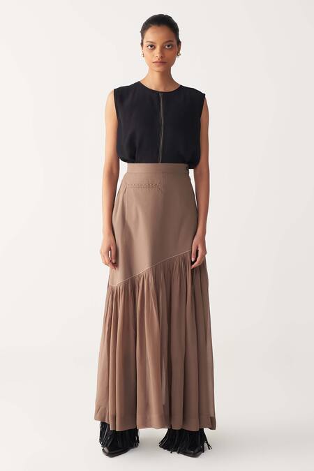 Shop_Three_Black , Satin, Poplin, Georgette Embroidery Top And Cedar Brown Skirt _Online_at_Aza_Fashions