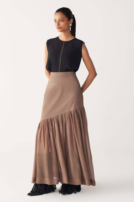 Three_Black , Satin, Poplin, Georgette Embroidery Top And Cedar Brown Skirt _at_Aza_Fashions
