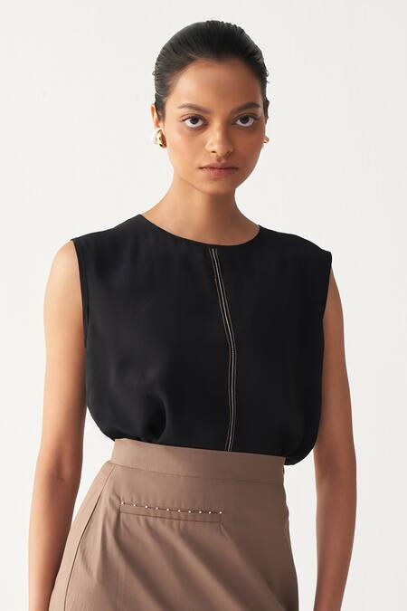 Buy_Three_Black , Satin, Poplin, Georgette Embroidery Top And Cedar Brown Skirt 