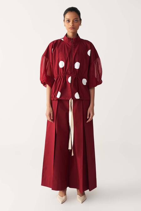 Three_Red Poplin Open Neck Drawstring Polka Top Co-ord Set _Online_at_Aza_Fashions