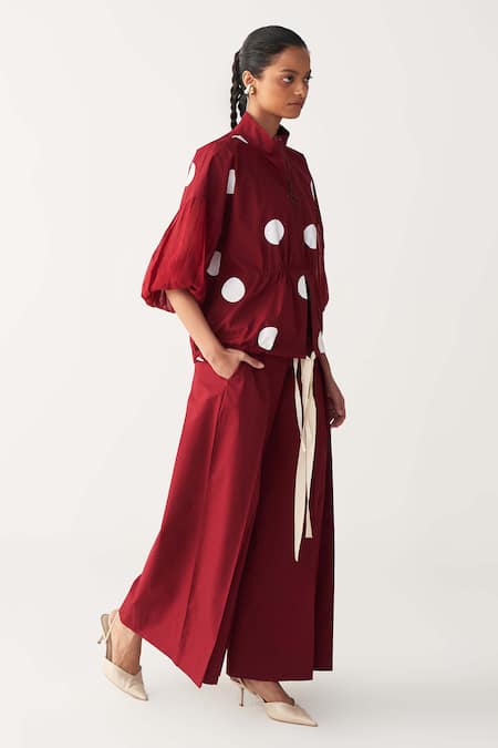 Buy_Three_Red Poplin Open Neck Drawstring Polka Top Co-ord Set _Online_at_Aza_Fashions