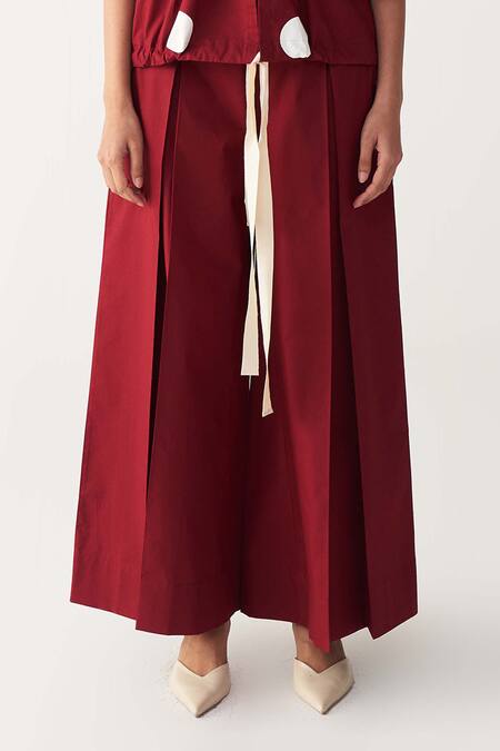 Shop_Three_Red Poplin Open Neck Drawstring Polka Top Co-ord Set _Online_at_Aza_Fashions