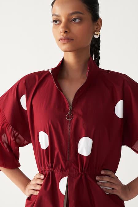 Three_Red Poplin Open Neck Drawstring Polka Top Co-ord Set _at_Aza_Fashions