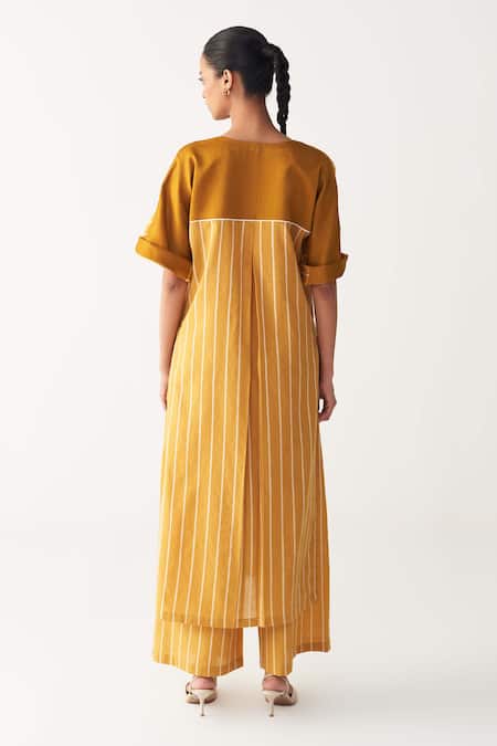 Shop Three Yellow Cotton V-neck Mustard Stripe Kaftan And Pant Set at Aza Fashions Shop_Three_Yellow Cotton V-neck Mustard Stripe Kaftan And Pant Set_at_Aza_Fashions