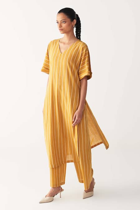 THREE Mustard Yellow Stripe Kaftan & Pant Set 