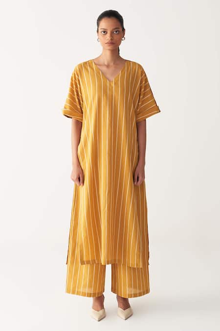 Three Yellow Cotton V-neck Mustard Stripe Kaftan And Pant Set Online at Aza Fashions Three_Yellow Cotton V-neck Mustard Stripe Kaftan And Pant Set_Online_at_Aza_Fashions