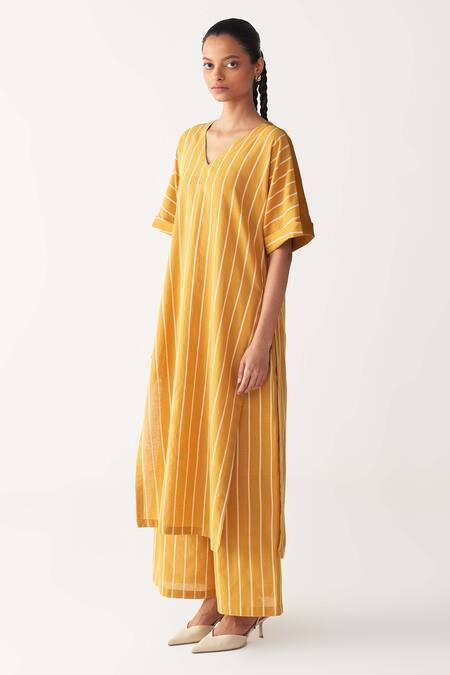 Buy Three Yellow Cotton V-neck Mustard Stripe Kaftan And Pant Set Online at Aza Fashions Buy_Three_Yellow Cotton V-neck Mustard Stripe Kaftan And Pant Set_Online_at_Aza_Fashions