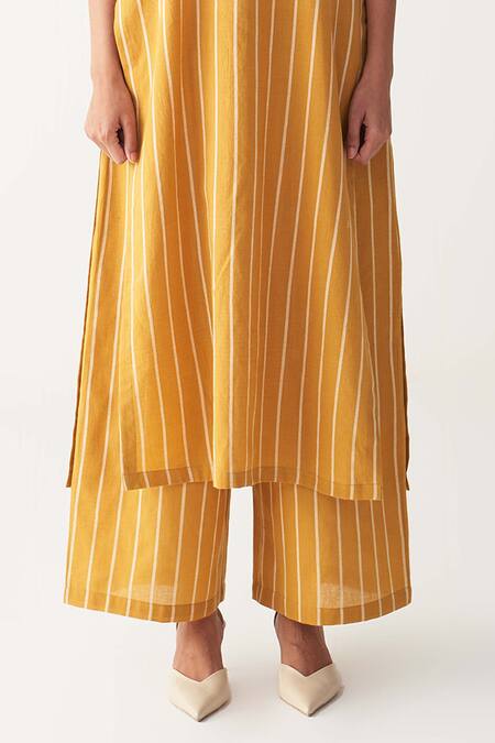 Three Yellow Cotton V-neck Mustard Stripe Kaftan And Pant Set at Aza Fashions Three_Yellow Cotton V-neck Mustard Stripe Kaftan And Pant Set_at_Aza_Fashions