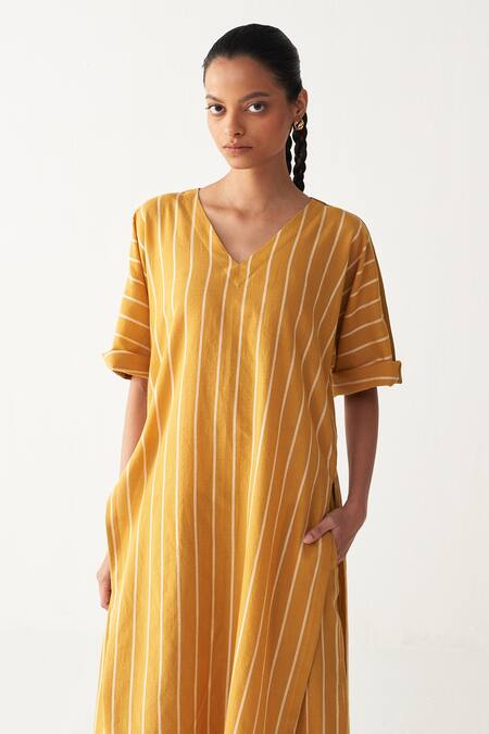 Buy Three Yellow Cotton V-neck Mustard Stripe Kaftan And Pant Set Buy_Three_Yellow Cotton V-neck Mustard Stripe Kaftan And Pant Set