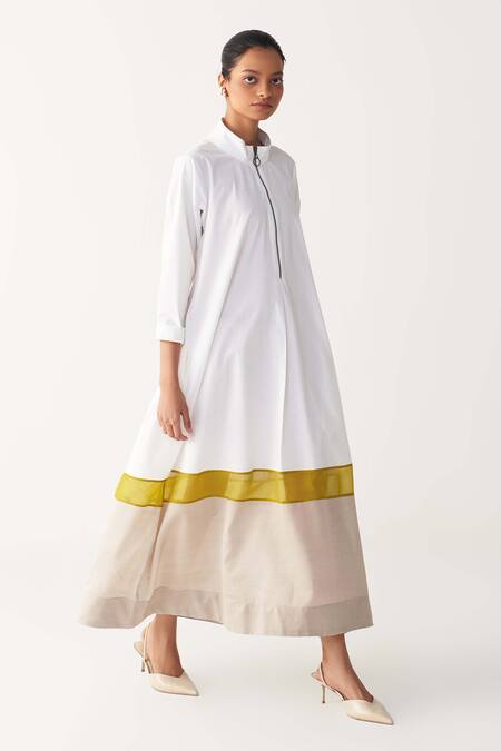 Three_White Poplin, Organza Turtle Neck Dress _Online_at_Aza_Fashions