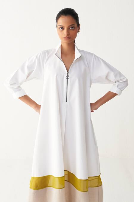 Shop_Three_White Poplin, Organza Turtle Neck Dress _Online_at_Aza_Fashions