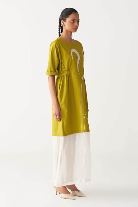 Three_Lavender Poplin, Organza Embroidery Round Neck Sheer Panel Dress _Online_at_Aza_Fashions