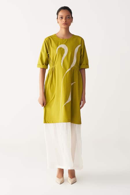 Buy_Three_Lavender Poplin, Organza Embroidery Round Neck Sheer Panel Dress _Online_at_Aza_Fashions