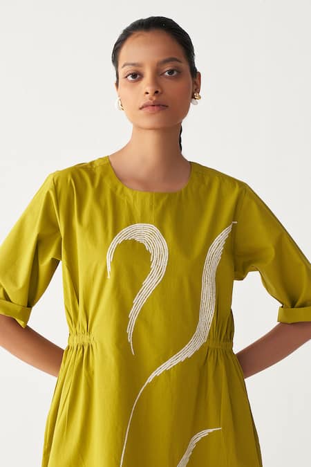 Three_Lavender Poplin, Organza Embroidery Round Neck Sheer Panel Dress _at_Aza_Fashions